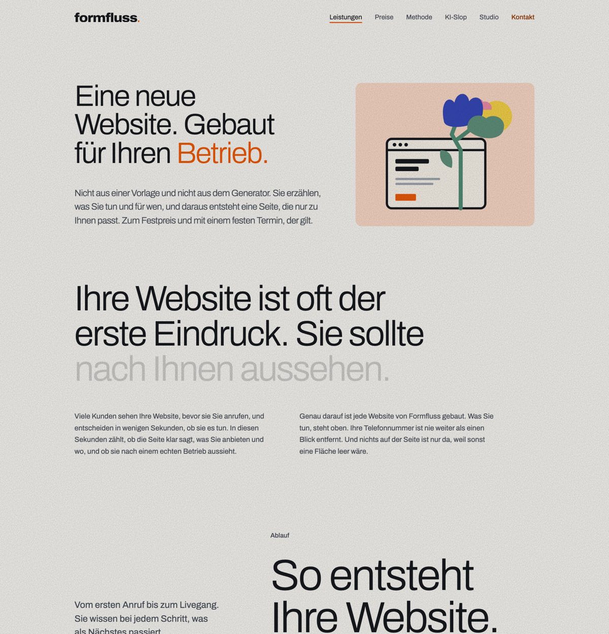 Eine Unterseite dieser Website: große ruhige Überschrift, daneben eine gezeichnete Illustration