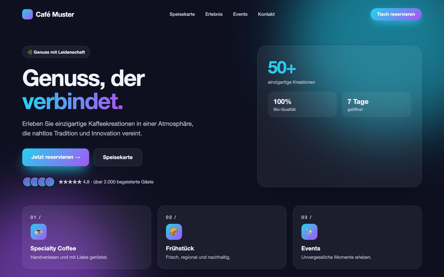 Erfundene Café-Website im typischen KI-Stil