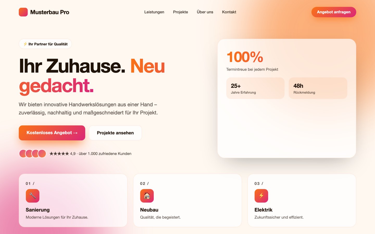 Erfundene Handwerker-Website im typischen KI-Stil mit demselben Aufbau wie die Café-Seite